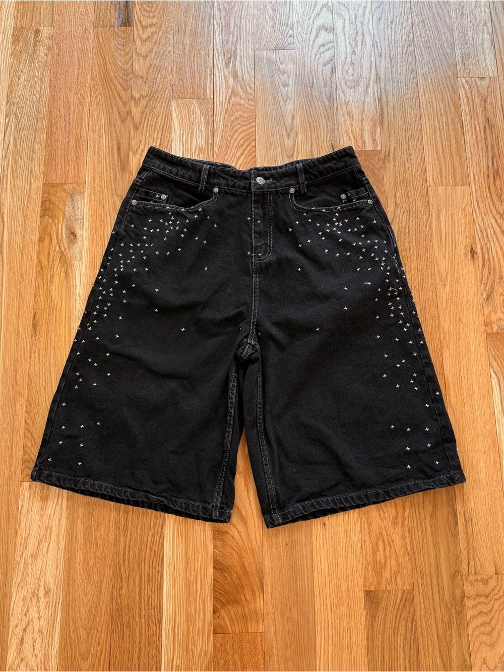 Davril Supply Stardust Black Denim Jorts Shorts Embroidered Y2K Skater Large 34